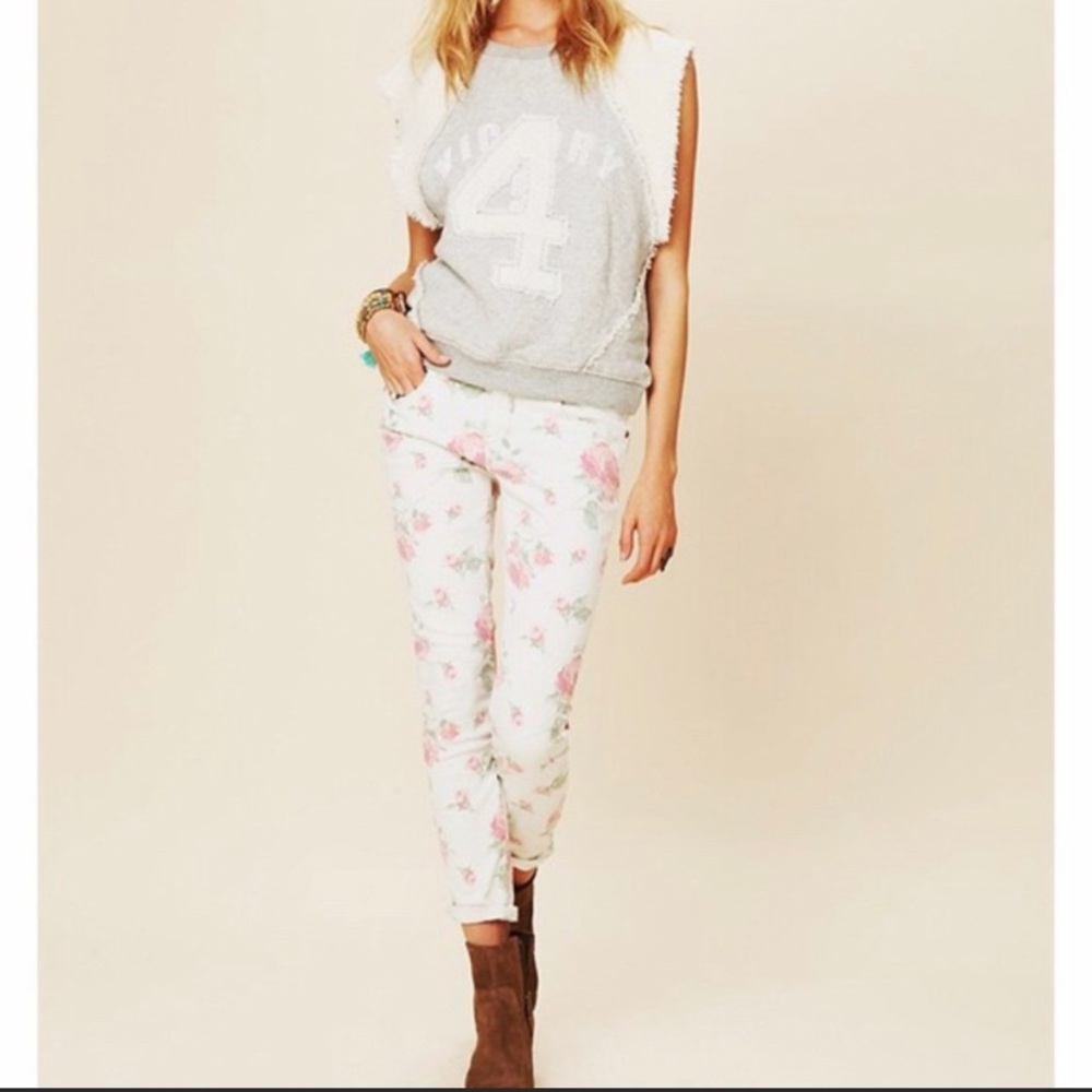Free People Rose Floral Skinny Jeans White